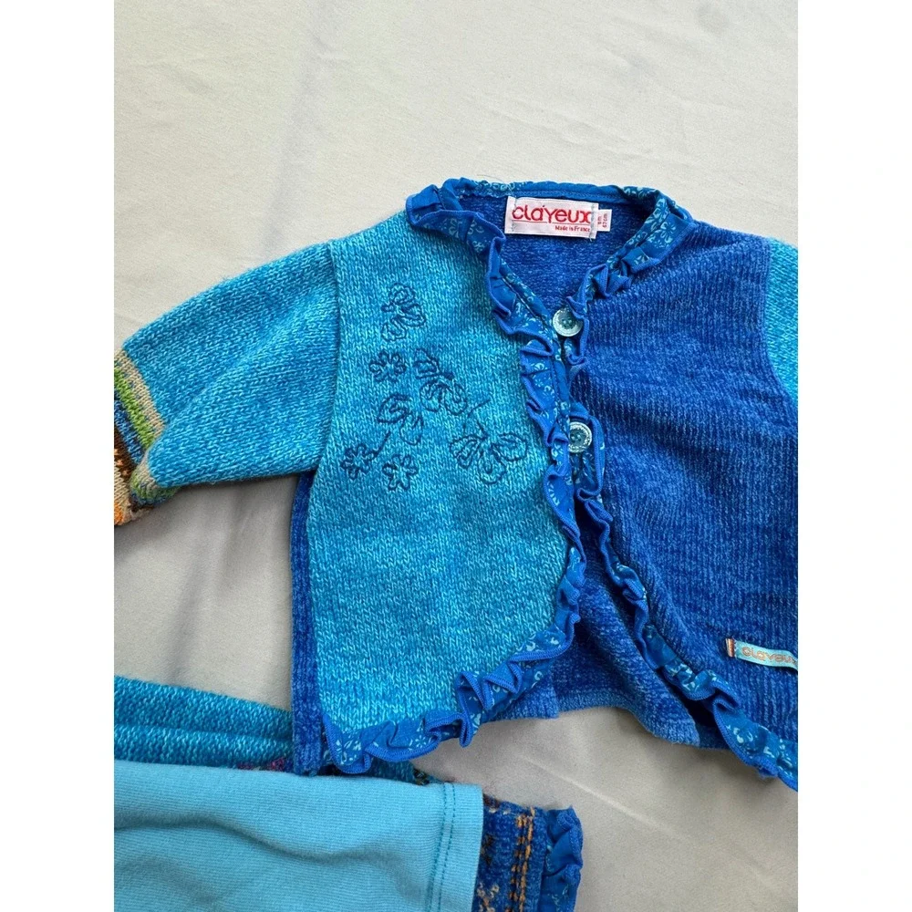 Clayeux France Baby Girls Blue Knit 3 Piece Set Cardigan Top Pants 6M 67cm